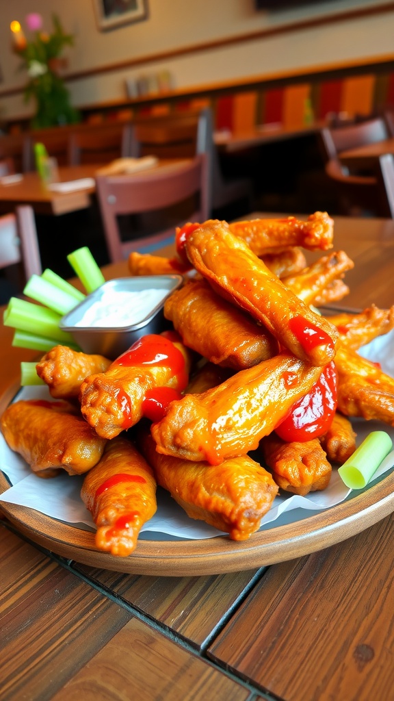Crispy air fryer chicken wings with sauce, served with celery and blue cheese dressing on a wooden table.